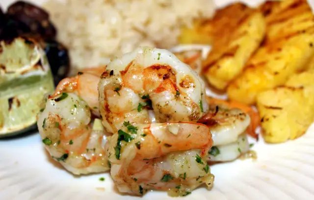 Grilled Shrimp with Rice, Beans and Grilled Pineapple